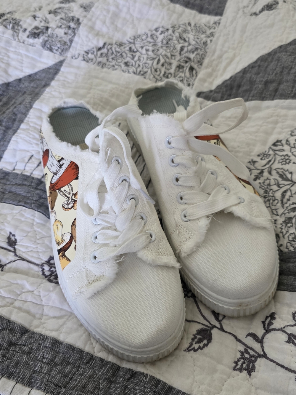 SHEIN White Canvas Sneakers with Red & Brown Mushroom Print